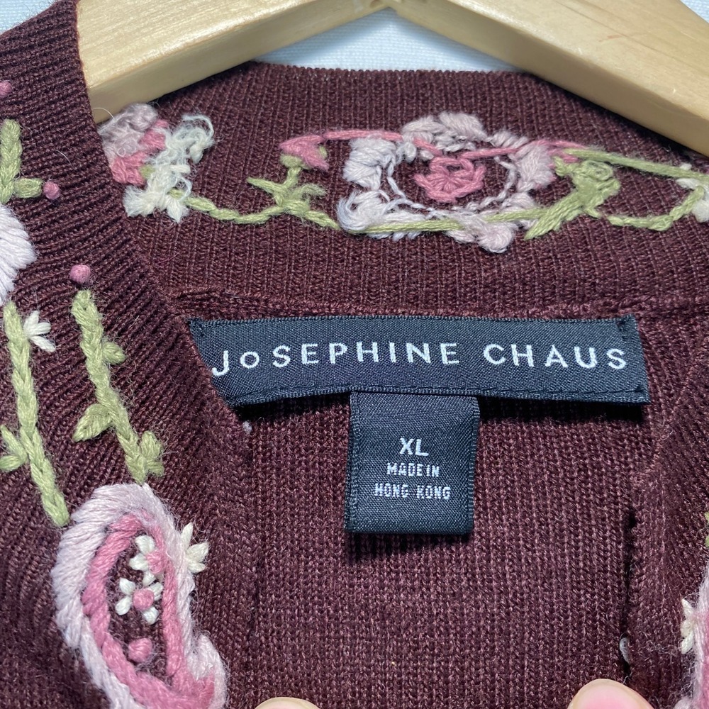 Josephine Chaus Embroidered Overlay Dress Cardigan Women XL Burgundy Wool Blend - Picture 3 of 11